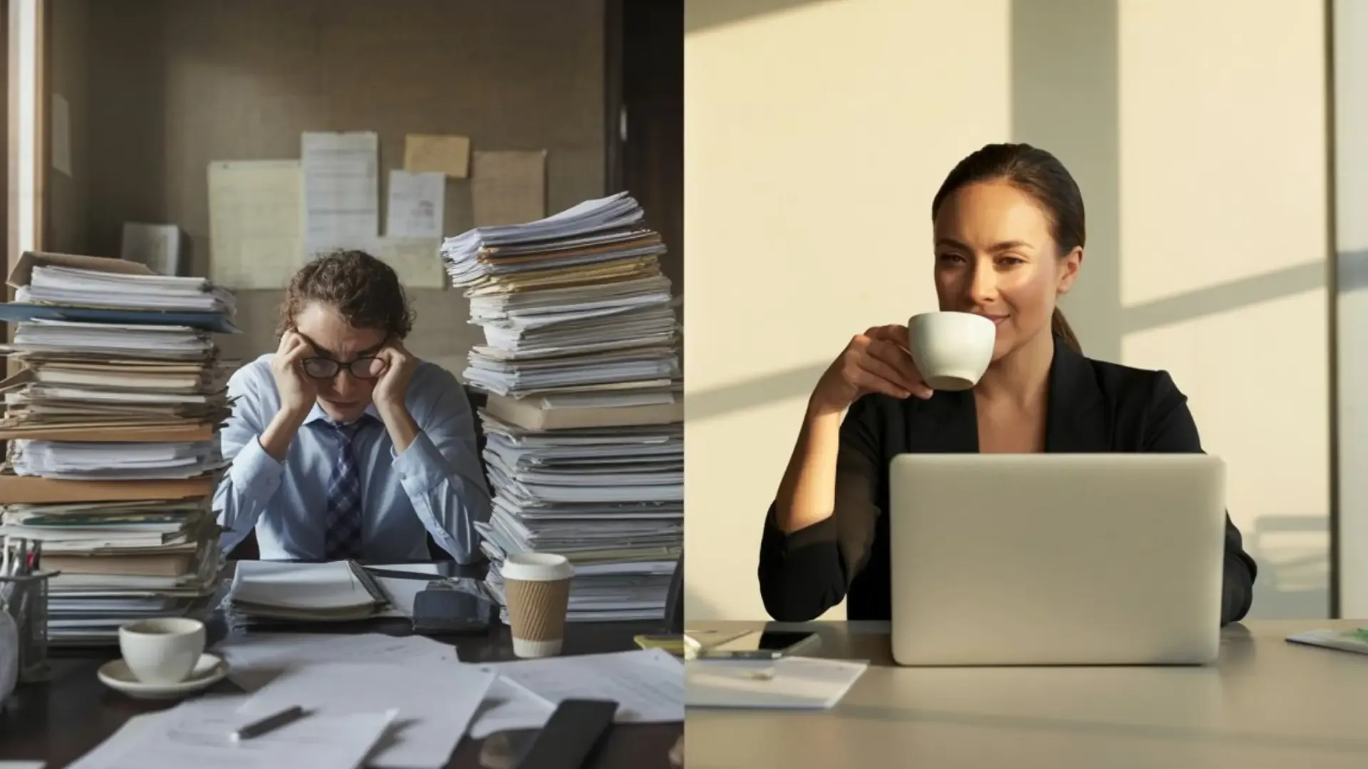 Picture showing two persons with one using the old sheet method and another using SCR management software and enjoying the work
